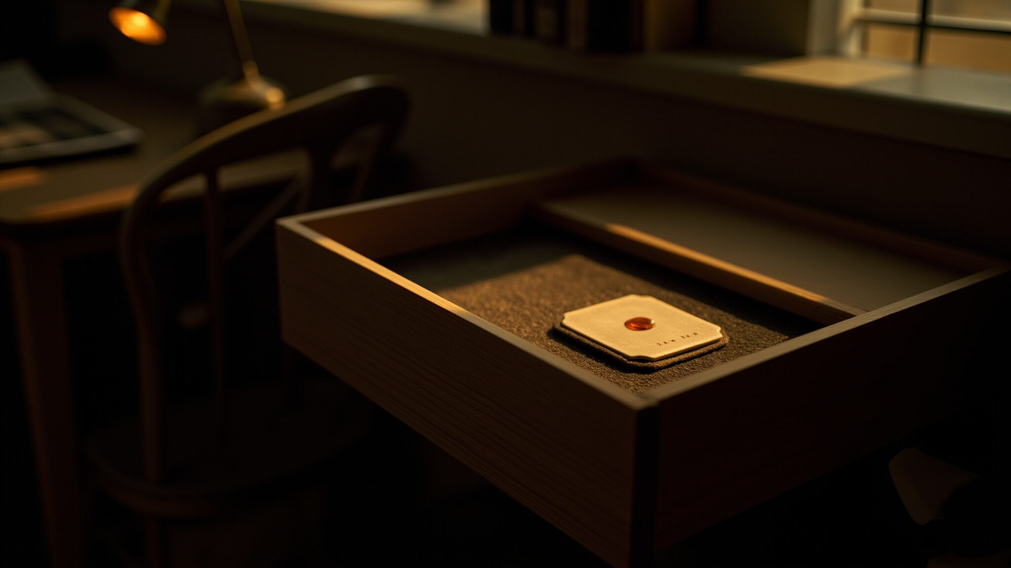 The chip nested in felt inside an open wooden drawer, its amber light glowing under a small brass lamp, soft window light on the wood.